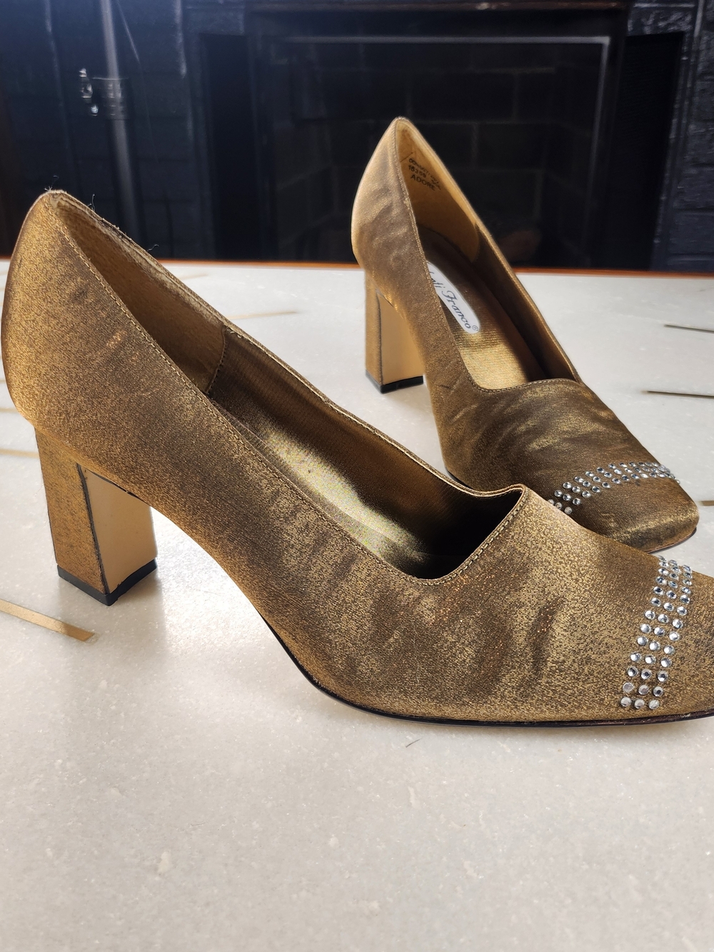 Vtg 80s Valenti Franco Bronze Block Heel Pumps with Rhinestones